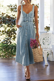 Irregular Neck Cinch Waist Button Up Denim Slip Midi Dresses-Blue