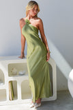 Halter Rosette Decor Open Back Slim Fit Satin Maxi Dresses-Green