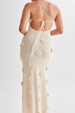 3D Flower Decor Knit Slim Fit Backless Spaghetti Strap Maxi Dresses-White