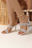 Rhinestone Embellished Square Toe Double Straps Slides Stacked Stiletto Heels