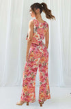 Square Neck Straps Crop Top Wide Leg Pants Floral Print Matching Sets