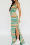 Knit Striped Halter Neck Crop Top Slit Maxi Skirt Matching Set-Green