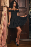 Cold Shoulder Corset A-Line Pleated Hem Cocktail Party Slip Mini Dresses-Black