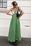 V Neck Colorblock A-Line Maxi Tank Dresses-Green