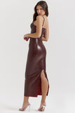 PU Leather Cami Bodycon Cocktail Party Midi Dresses-Brown