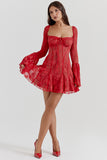 Lace Flared Sleeve Corset A-Line Ruffled Vacation Mini Dresses