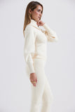 Irregular Folded Stand Collar Lantern Sleeve Sweater Plain Pants Matching Set-Beige