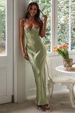 Embroidered Flower Boat Neck High Slit Satin Slim Garden Party Slip Maxi Dresses