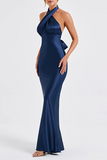 Cross Halter Bodycon Tie Up Open Back Gowns Maxi Dresses-Navy