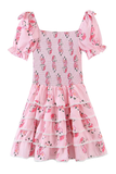 Floral Print Puff Sleeve Bow Decor Tiered Ruffled Mini Dresses-Pink