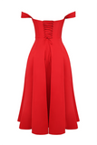 Dropped Shoulder Corset A-Line Slit Solid Color Midi Dresses-Red