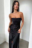 Ruched Strapless Boat Neck Bodycon High Slit Gowns Maxi Dresses