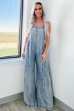 Denim Raw Edge Wide Leg Overalls-Blue