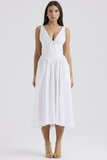 Deep V Neck Cinch Waist Solid Color Midi Tank Dresses-White