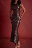 Faux Leather Bodycon Maxi Tank Dresses-Brown