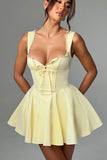 Ruffle Sweetheart Neck Lace Up A-Line Mini Dresses-Yellow