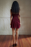 Ruffled Trim Dropped Shoulder A-Line Mini Dresses-Burgundy