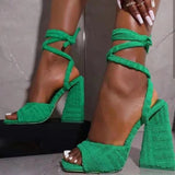 Tied Strap Velvet Open Toe Block High Heels Sandals