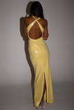 3D Flower Decor Deep V Neck Backless Sequin Gowns Maxi Tank Dresses-Yellow