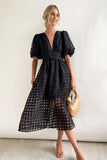 V Neck Lantern Short Sleeve Button Slit Mesh Plaid Vacation Midi Dress