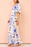 Square Neck Puff Sleeve Quilted Hem Boho Print Vacation Maxi Dresses-Blue