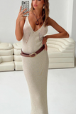 V Neck Hollow Out Slim Fit Knit Maxi Tank Dresses-Khaki