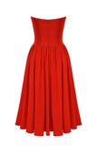 Strapless Corset Pleated Hem Prom Party Midi Dresses-Red