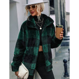 Faux Fur Plaid Turndown Collar Zipper Jacket