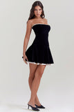 Velvet Strapless Lace Up Corset A-Line Pleated Mini Dresses-Black