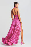 Shiny V Neck Halter Cutout Backless Slit Party Maxi Dresses