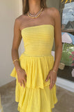 Smocking Tiered Layered Sleeveless Plain Tube Maxi Dresses-Yellow