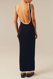 Knit Colorblock Trim Square Neck Cutout Slim Fit Backless Slip Maxi Dresses-Black