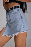 Denim High Waist Raw Edge Irregular Skort-Blue