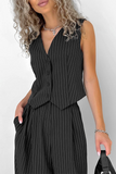 Striped V Neck Button Up Waistcoat Wide Leg Pants Matching Set-Brown