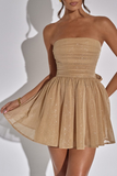 Boat Neck Strapless A-Line Back Bow Sparkling Mini Dresses-Gold