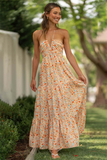 V Neckline Halter Ditsy Floral Print Backless A-Line Maxi Dresses-Orange