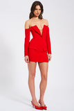 Deep V Collar Off Shoulder Long Sleeve Mini Blazer Dresses-Red