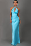 Plunging Cowl Neck Rhinestone Backless Lace Up Maxi Dresses-Blue