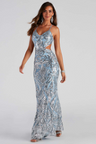 Sequin Pattern V Neck Cutout Backless Party Gowns Maxi Slip Dresses-Blue