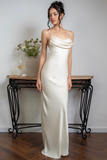 Front Ruched Slim Fit Backless Spaghetti Strap Satin Gowns Maxi Dresses-White