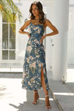 Vacation Cami Boat Neck Floral Print Slit Satin Vacation Midi Dress