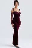 Cold Shoulder Lace Sleeve Bodycon Velvet Formal Party Maxi Dresses