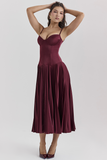 Irregular Neck Corset A-Line Pleated Hem Satin Slip Midi Dresses-Burgundy