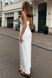 Deep V Neck Halter Button Vest Solid Color Maxi Skirt Matching Set-White