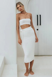 Strapless Waist Cutout Tie Up Slim Fit Knit Midi Dresses-White