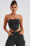 Denim Strapless Irregular Crop Corset Pockets Straight Leg Cargo Jeans Matching Set-Blue