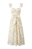 Floral Print Ruffled Straps Tie Up Bow Slit Midi Dresses-Beige