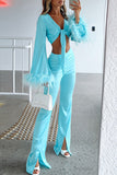 Feather Long Flare Sleeve Tied Up Crop Top 2pcs Pants Set