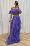 Off Shoulder Crop Top Irregular Tulle Maxi Skirt Evening Gown Matching Set