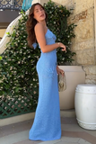 3D Flower Decor Slim Fit Backless Knit Halter Maxi Dresses-Blue